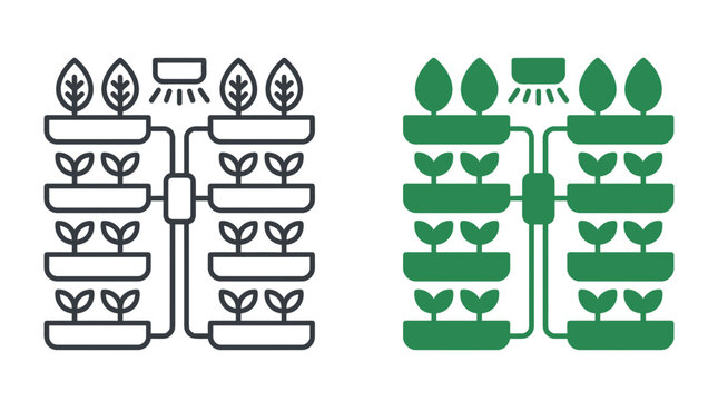 Indoor vertical hydroponic garden system icon set