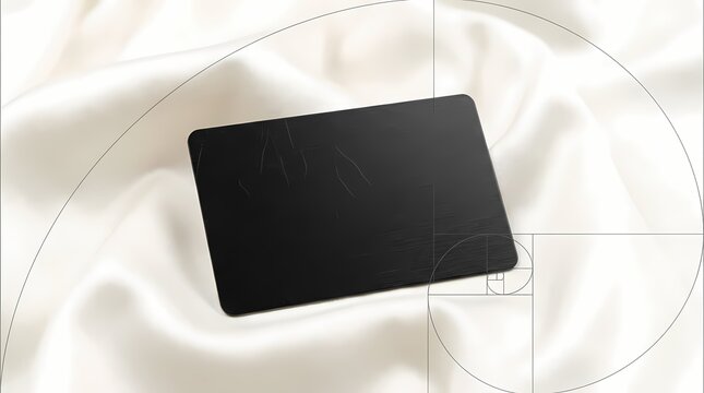 Black credit card on silk fabric with Fibonacci spiral overlay