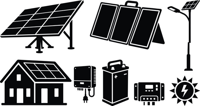 Solar energy icon vector set with rooftop solar panels folding portable charger street light inverter battery and charge controller symbols