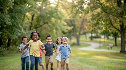 Fototapeta premium Group of five diverse children running together on tree-lined park path during sunny day, enjoying outdoor recreation and friendship activities.