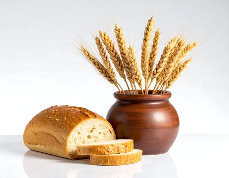 A still life of a loaf of bread and a vase with wheat