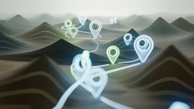 Strategic navigation map marker route landscape with glowing pin symbol guiding digital travel network path across abstract terrain