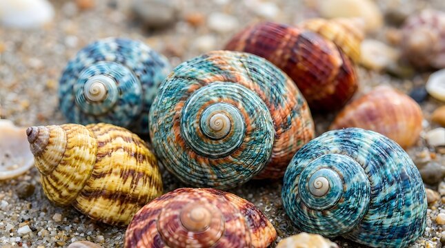Vibrant Assortment of Colorful Seashells on Sandy Beach.