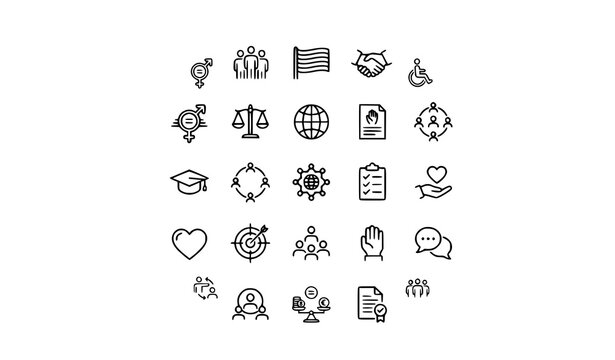 Inclusive Workplace and Social Equality Outline Icon Collection with Diversity and Gender Equality Symbols