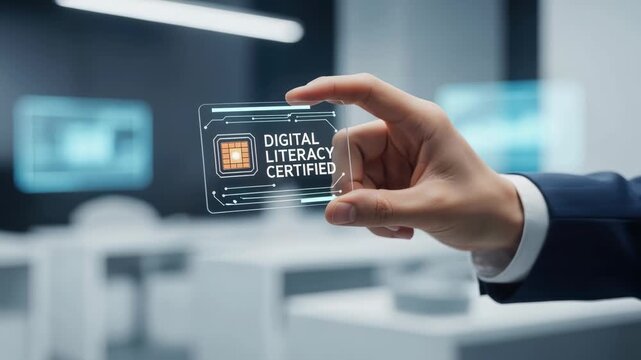 Digital literacy certified card held by workforce professional representing reskilling and automation in modern technology and business environment