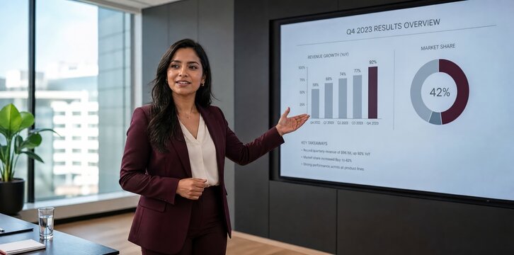 Generative AI, Indian businesswoman presenting Q4 results with charts in corporate boardroom