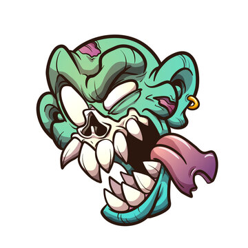 Grotesque cartoon vector illustration of an insane green-skinned zombie monster head. The undead creature features a wide snarling mouth packed with jagged uneven teeth and a thick purple-pink tongue 
