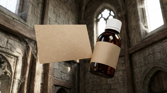 Vintage potion bottle and blank note in ancient stone building, fantasy concept