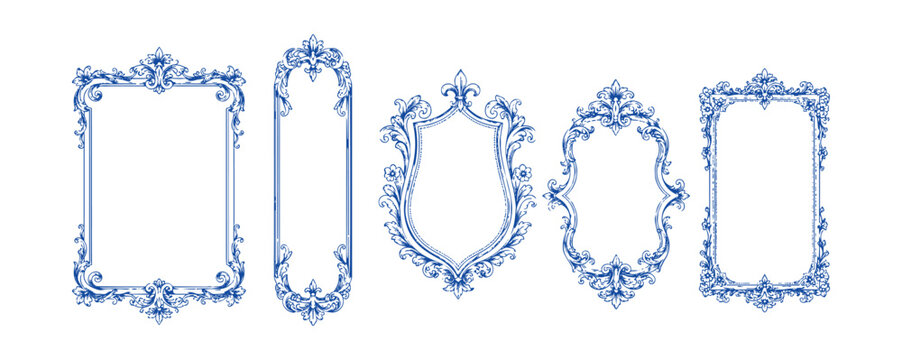 Collection of ornate blue decorative frames with vintage floral elements.