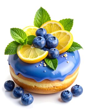 A sweet treat featuring a blue-glazed doughnut topped with blueberries, lemon slices, and mint leaves on a white background