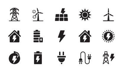 Fototapeta premium Renewable energy and sustainable power icons featuring wind turbines solar panels and grids.