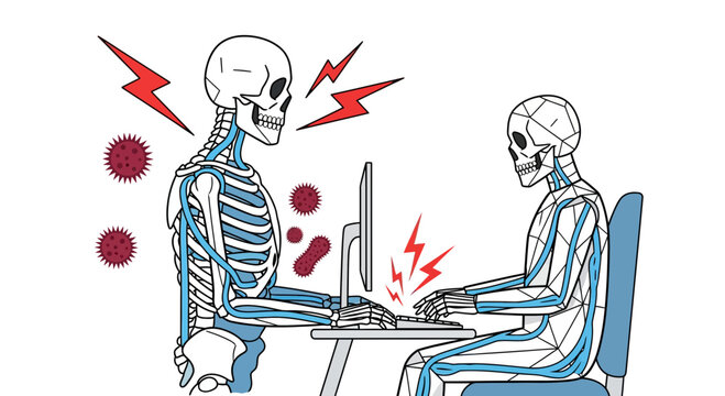 Skeletons working at computer experiencing chronic pain and viruses