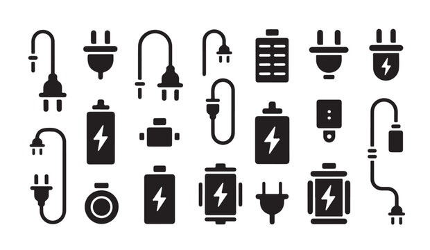 Set of electrical power supply icons featuring various charging cables and battery symbols.
