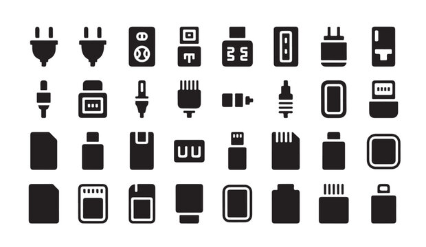 Collection of various digital connectors memory cards and power plug silhouettes for design.
