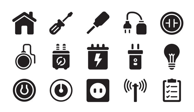Electronic home improvement and repair tool icons including light bulb and house symbol.