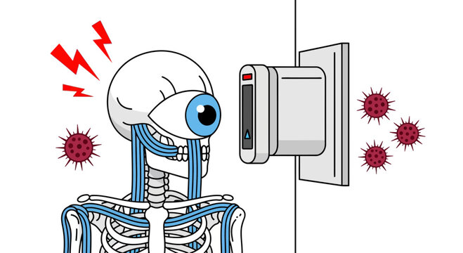 Skeleton with big eye undergoing biometric iris scan illustration