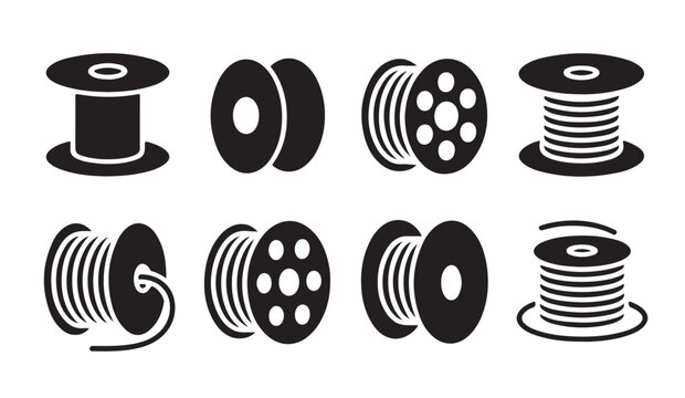 Various wire and cable spool icons set in solid flat design for industrial application.