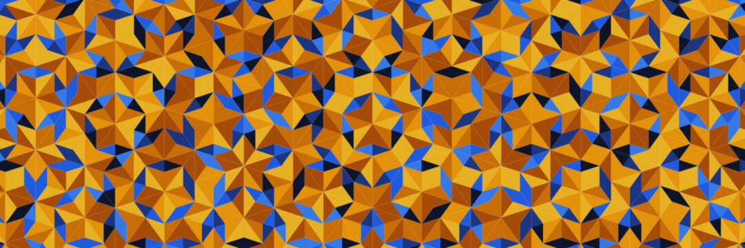 Geometric Penrose Tiling Pattern Banner, Golden and Blue Aperiodic Tessellation representing Mathematical Symmetry and Complexity