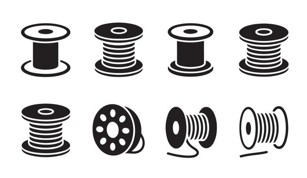 Industrial wire and cable spools icons set collection for manufacturing and construction.