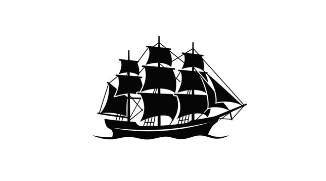 Silhouette of a vintage sailing ship with full sails on wavy sea, isolated on white background.
