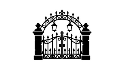 Fototapeta premium Ornate Wrought Iron Gate with Lanterns and Stone Pillars - Vector Silhouette