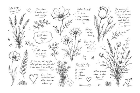 Hand drawn floral elements with inspirational quotes and decorative hearts.
