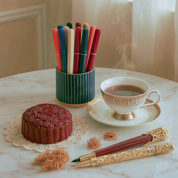 Elegant Mooncake Tea Still Life with Fountain Pens on Marble