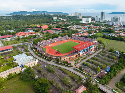 Likas stadium aerial view with running track and football pitch