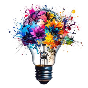 A vibrant lightbulb with a colorful floral brain and paint splatters