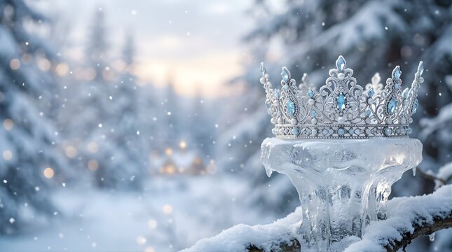 Silver queen crown with blue crystals on ice against snowy winter forest