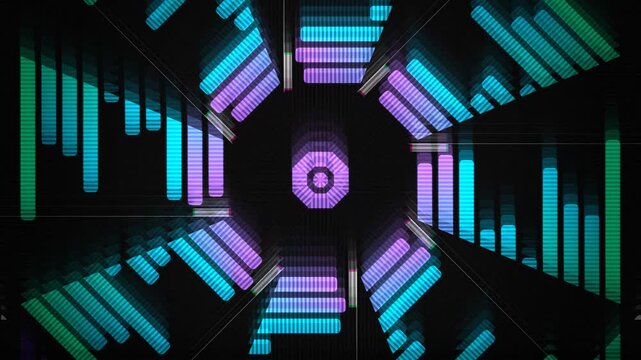 Futuristic Octagonal Tunnel with Neon Lights: An abstract perspective of an octagonal tunnel lined with glowing neon light bars, creating a sense of depth and futuristic motion.