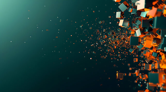 3D microscopic glowing metallic cube assembly and deconstruction abstract data structure for blockchain crypto marketing AI algorithm and high tech corporate brochure