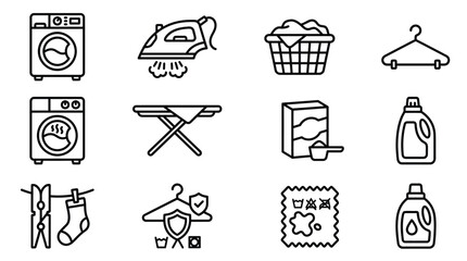 Fototapeta premium A collection of twelve black and white laundry and cleaning icons.