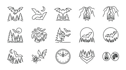 Obraz premium Bat Icon Set: Night Sky, Trees, Moon, and Animals - Minimalist Line Art