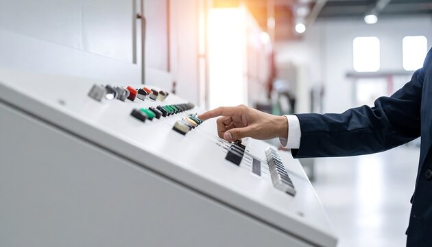 A suited hand pressing a button on a control panel