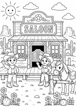 A fun and welcoming children's coloring page featuring a charming Old West saloon in a peaceful Wild West town. A friendly cowboy and cowgirl wave outside the rustic wooden building.