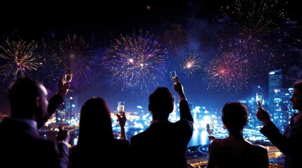 Obraz premium Celebration People Watching Fireworks Over City Skyline at Night in Elegant Attire