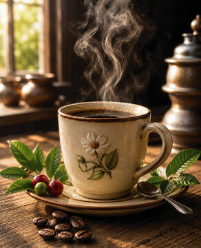 Premium Coffee Still Life with Steaming Cup on Rustic Wooden Table for Cafe Branding