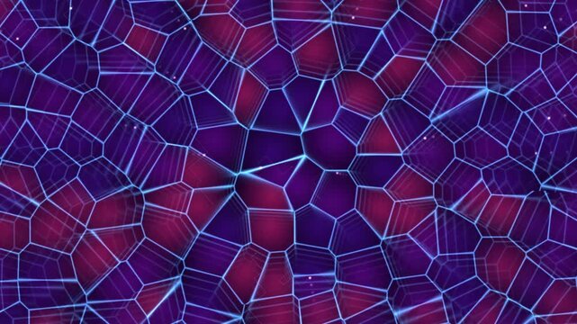 Abstract Geometric Pattern: A vibrant and intricate abstract geometric pattern featuring interlocking polygons in shades of deep purple and magenta, with thin.