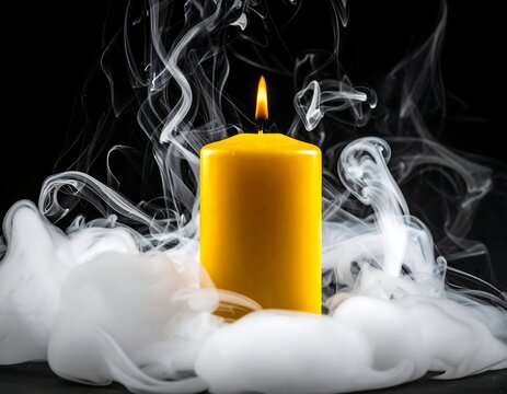 A yellow candle emits a small flame surrounded by white smoke on a dark background