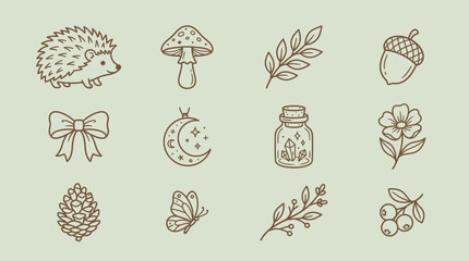 A collection of cute, hand-drawn forest-themed icons including a hedgehog, mushroom, acorn, and botanical elements. © KN collection