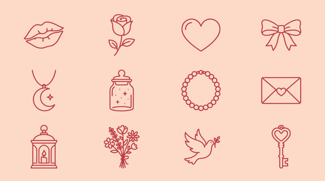 Collection of romantic and love-themed icons in a simple line art style.