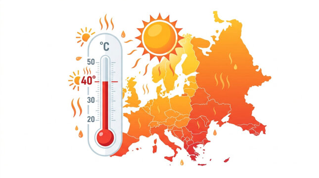 Extreme heatwave over Europe visualized with a thermometer indicating high temperatures and a sun shining brightly against a white background, conveying a severe climate event