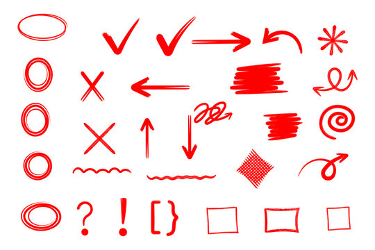 Red brush stroke symbol set containing arrows circles check marks and correction signs