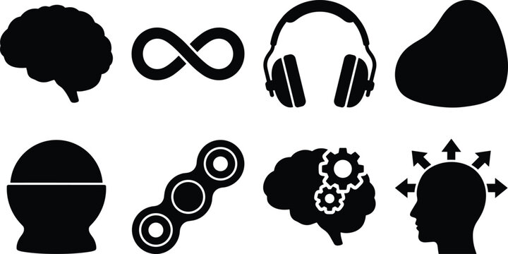 Neurodiversity and mental health black silhouette vector icon set featuring brain, infinity symbol, fidget spinner, and sensory tools