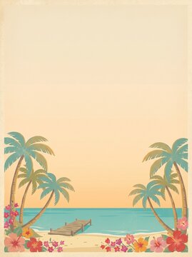 Tropical Beach Poster with Palm Trees, Wooden Pier, and Hibiscus Flowers in Retro Style Illustration