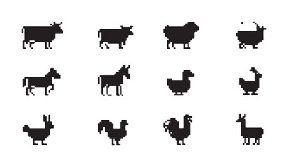 Selection of pixel art livestock icons isolated on white background for creative design. © VANU