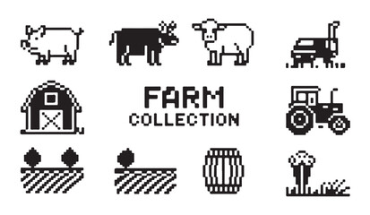 Farm collection set featuring animals machinery barn and fields in pixel art illustration. © VANU