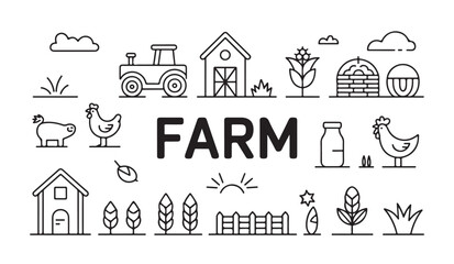 Farm themed line art design elements featuring tractor barn crop and milk bottle icons. © VANU