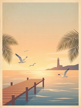 Vintage Coastal Sunset Poster with Lighthouse, Wooden Pier, and Seagulls